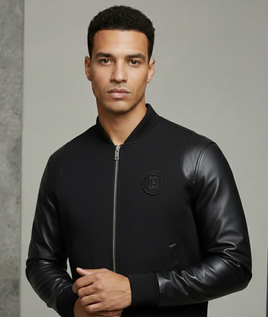 Balmain Paris Leather-Sleeve Bomber Jacket