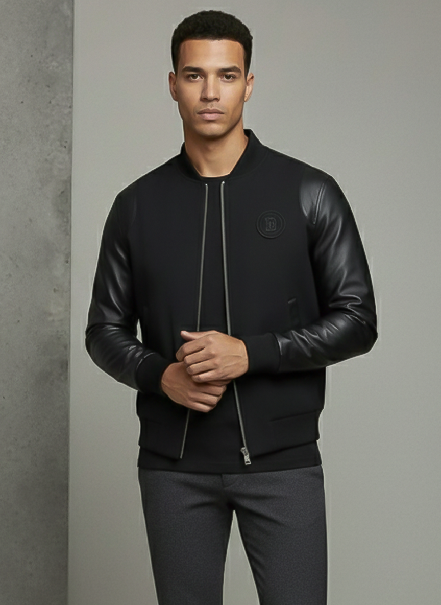 Balmain Paris Leather-Sleeve Bomber Jacket