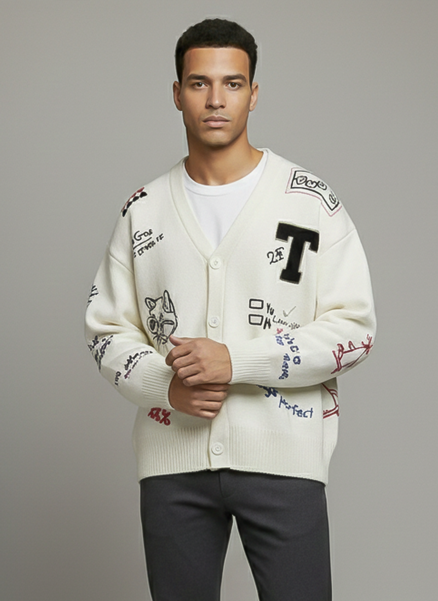 Oversized Embroidered Graphic Cardigan – Off White