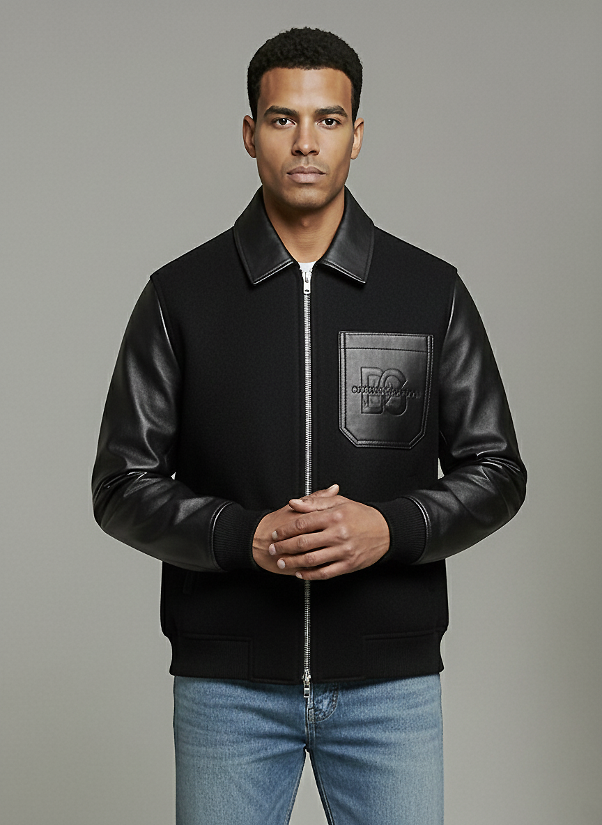 Dolce & Gabbana Black DG Leather-Trim Wool Bomber Jacket