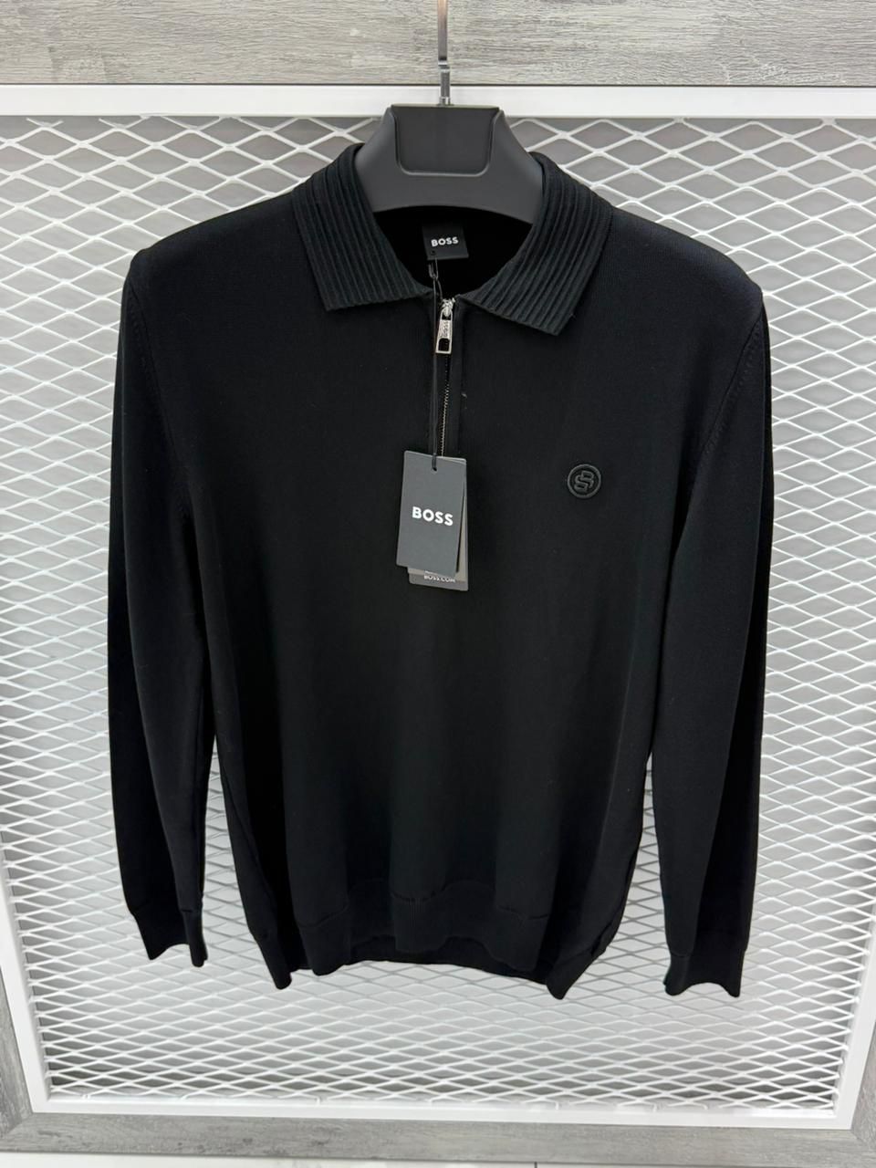 Boss zip-neck cotton jumper Black
