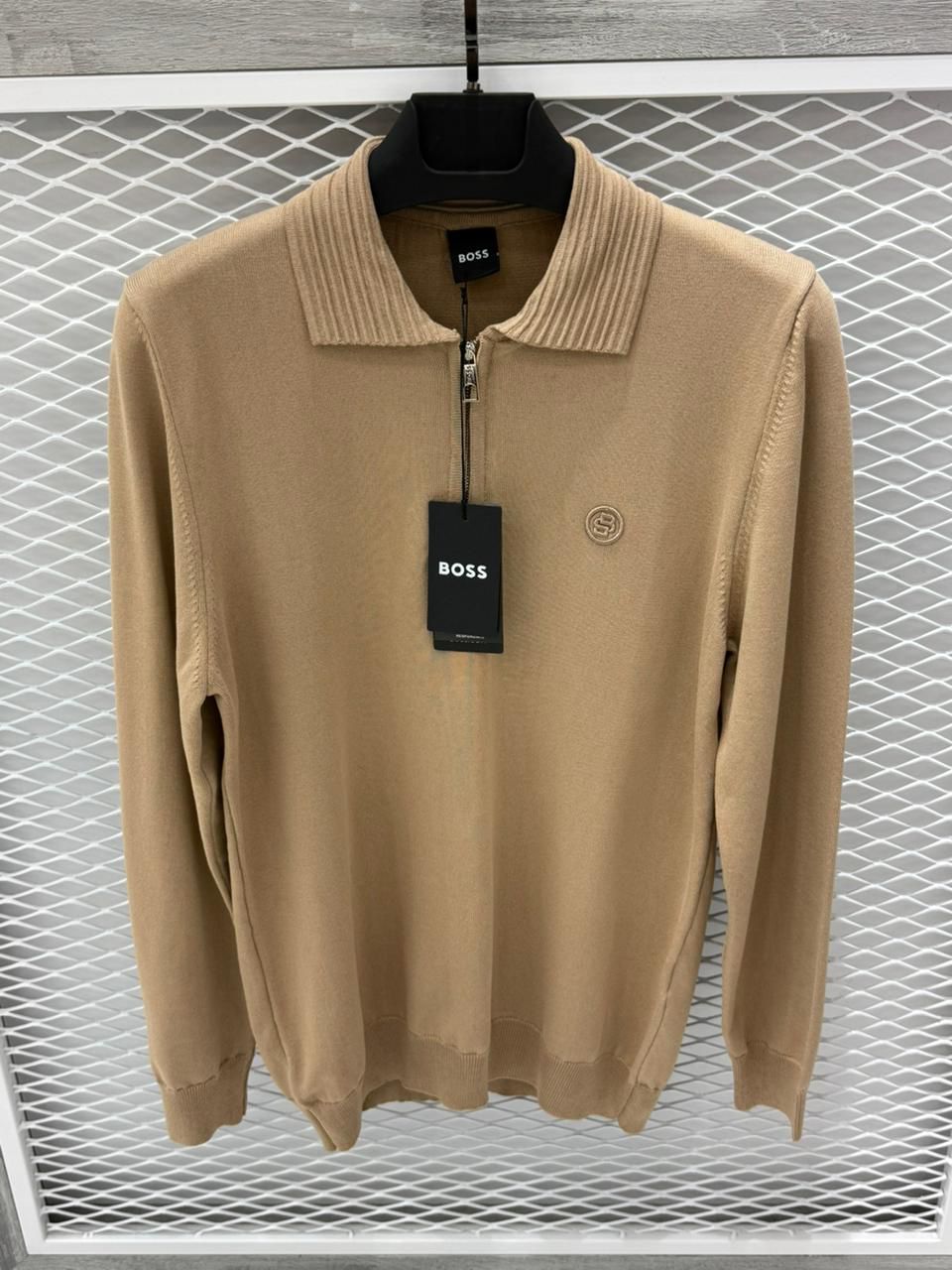 Boss zip-neck cotton jumper Brown