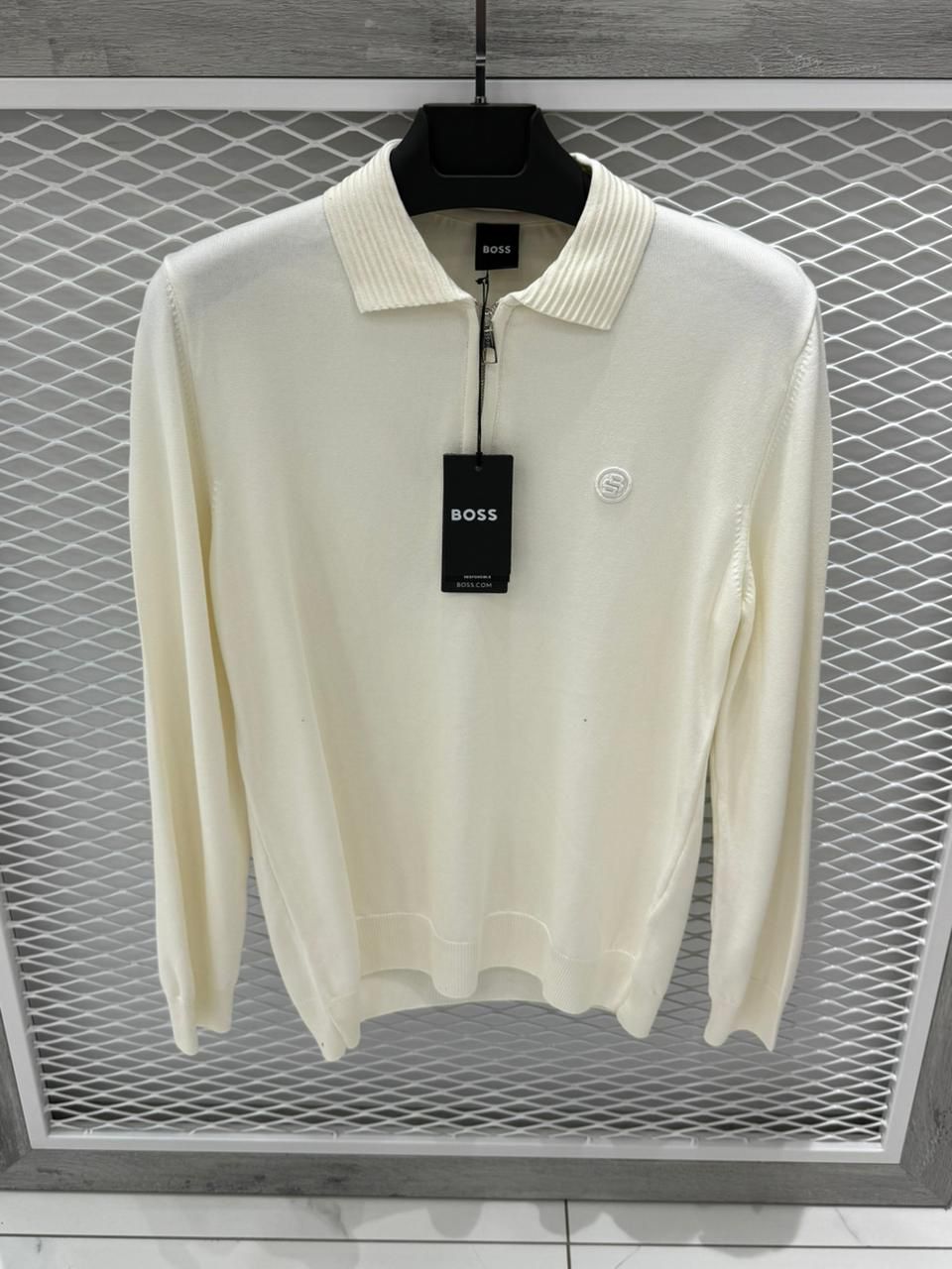 Boss zip-neck cotton jumper White