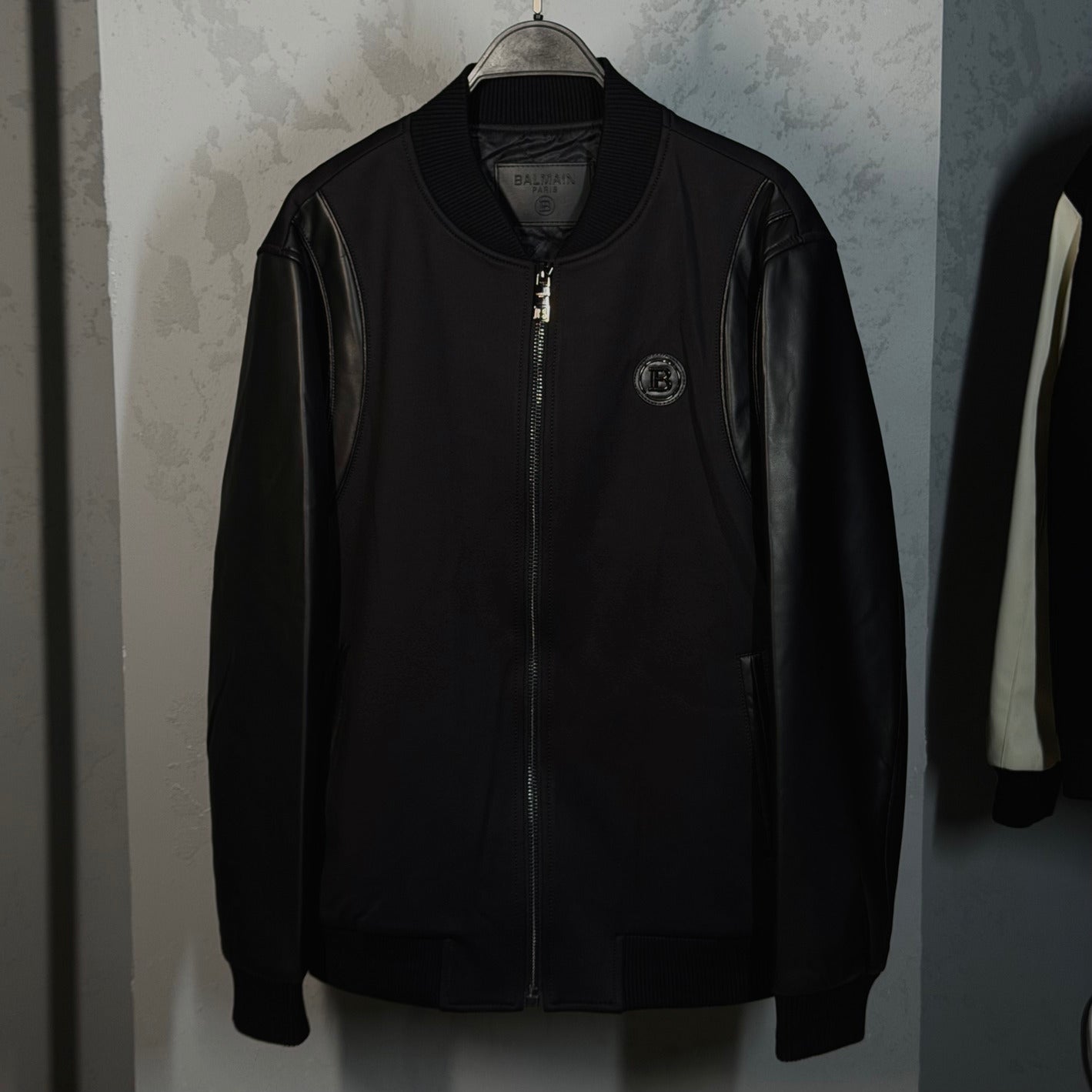 Balmain Paris Leather-Sleeve Bomber Jacket