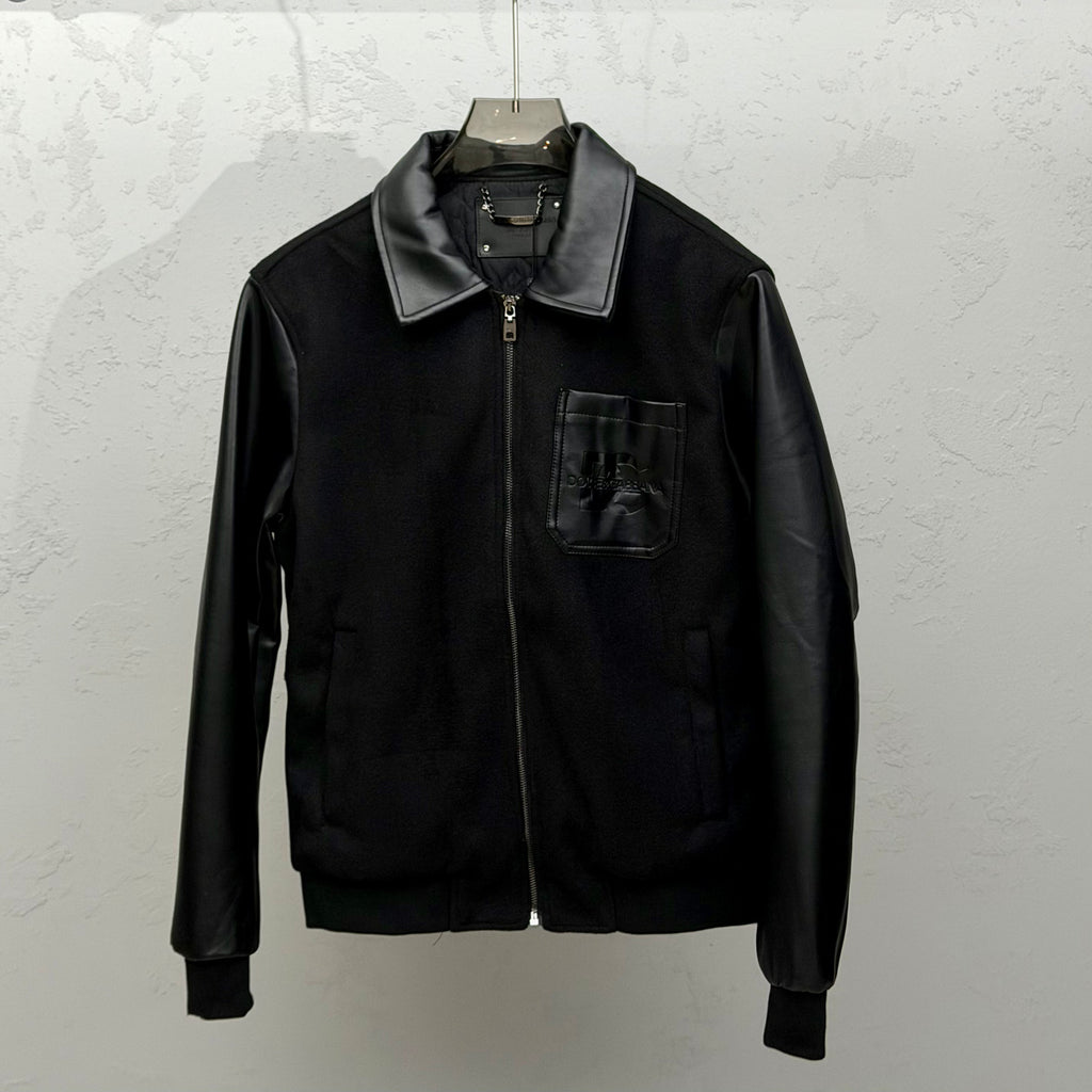 Dolce & Gabbana Black DG Leather-Trim Wool Bomber Jacket