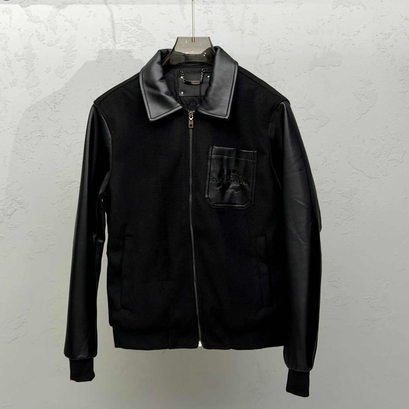 Dolce & Gabbana Black DG Leather-Trim Wool Bomber Jacket