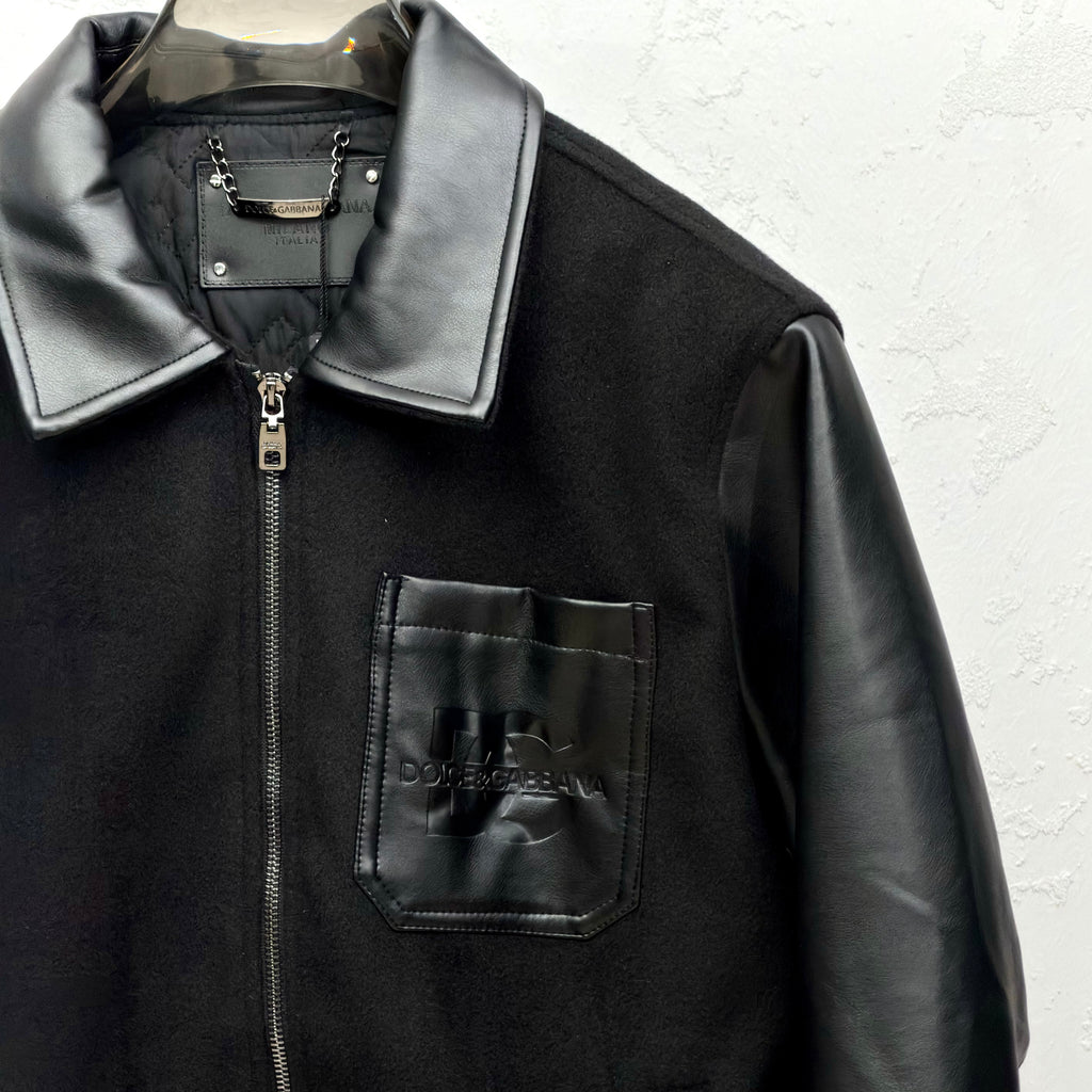 Dolce & Gabbana Black DG Leather-Trim Wool Bomber Jacket