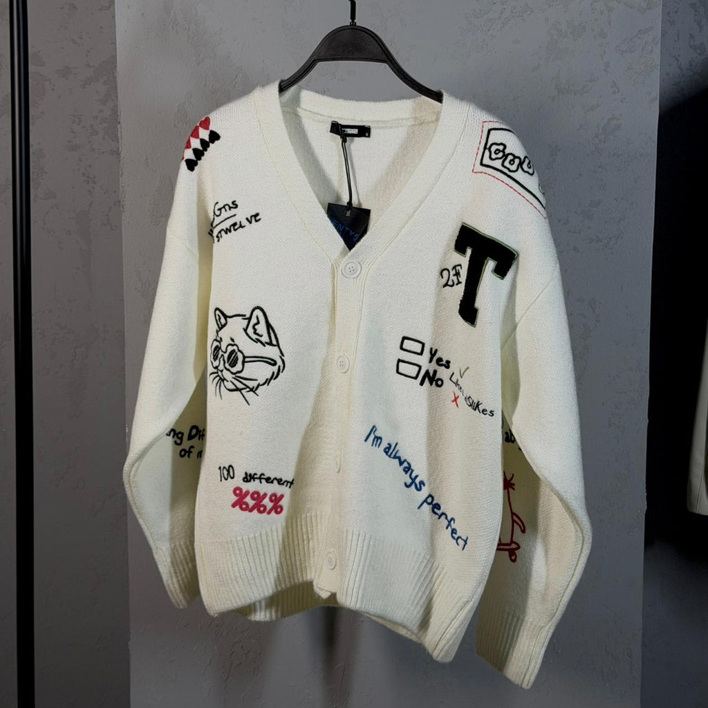 Oversized Embroidered Graphic Cardigan – Off White